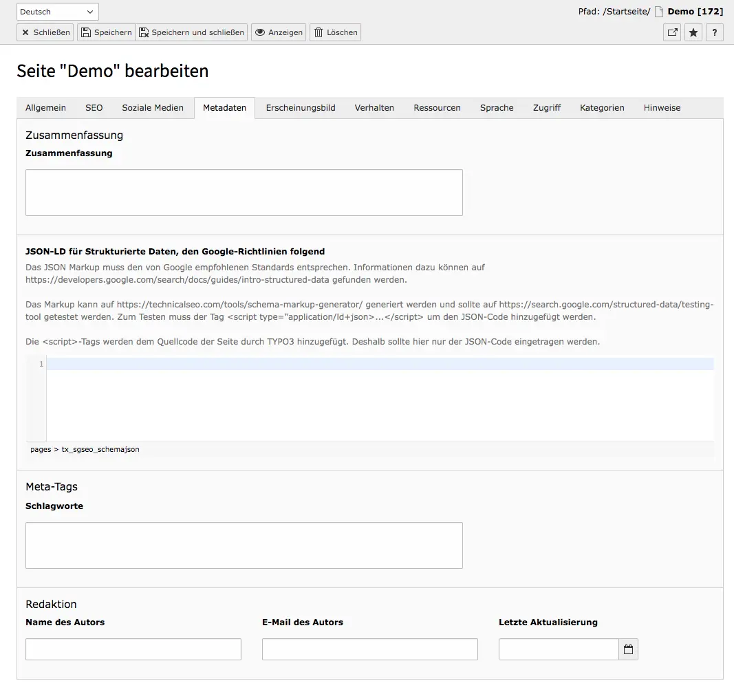 TYPO3 Seiteneigenschaften Standard Seite Reiter Metadaten