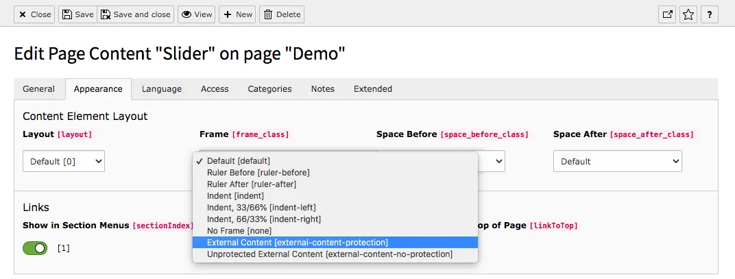 TYPO3 Content Element Tab Appearance External Content