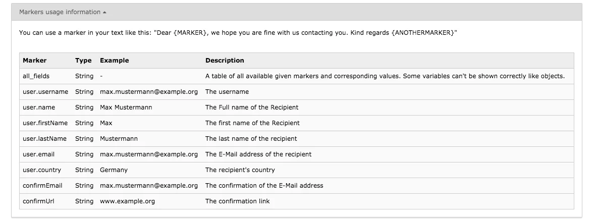 TYPO3 Module Mail Templates Marker Usage Information