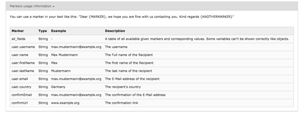 TYPO3 Module Mail Templates Marker Usage Information