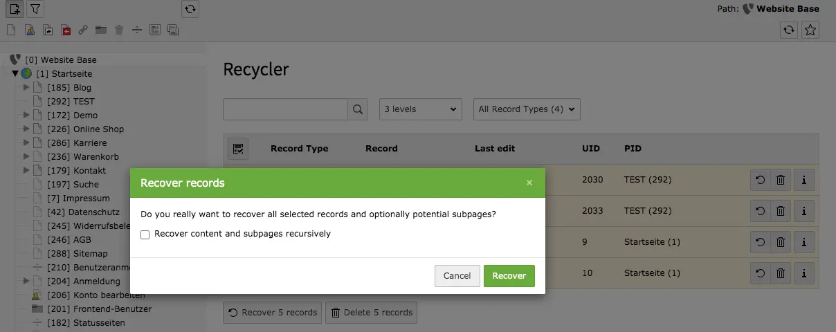 TYPO3 Module Recycler Recover Records