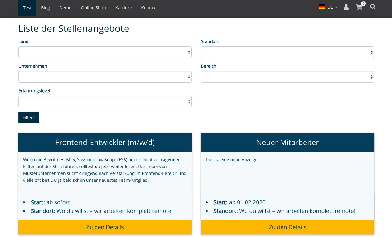 TYPO3 Liste der Stellenangebote Frontend