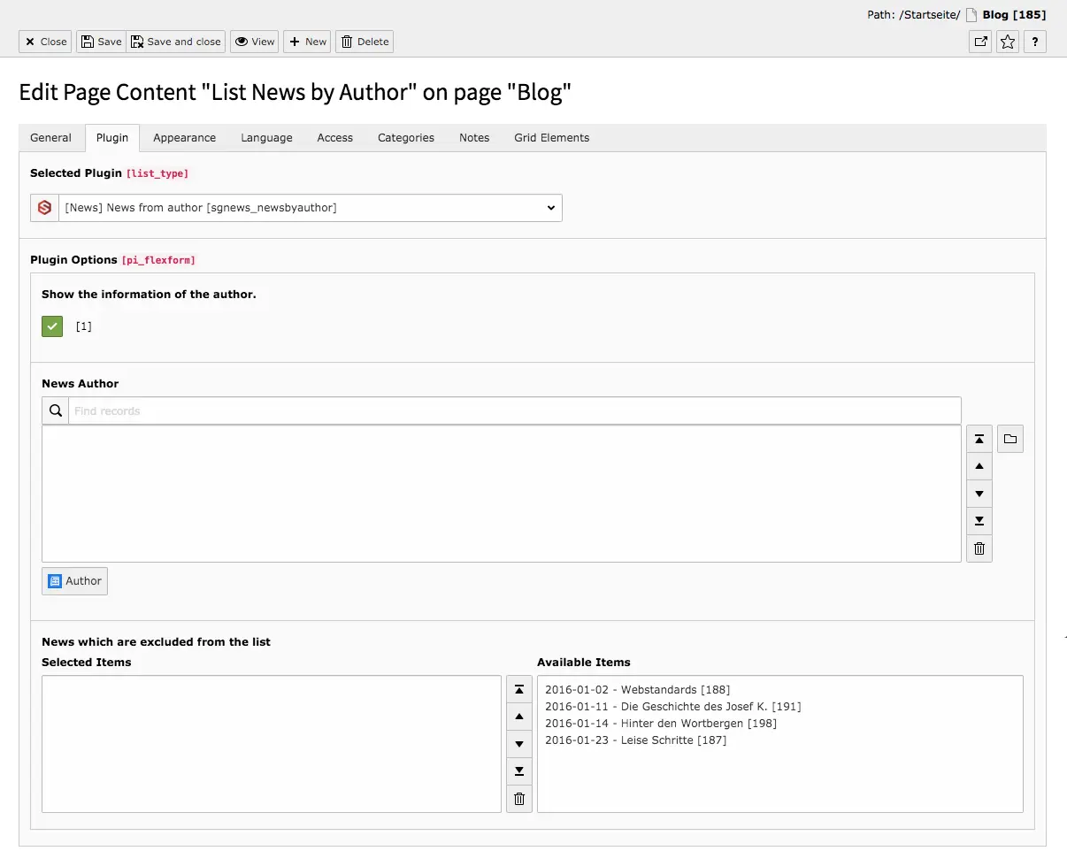 TYPO3 Content Element List News by Author Backend Tab Plugin