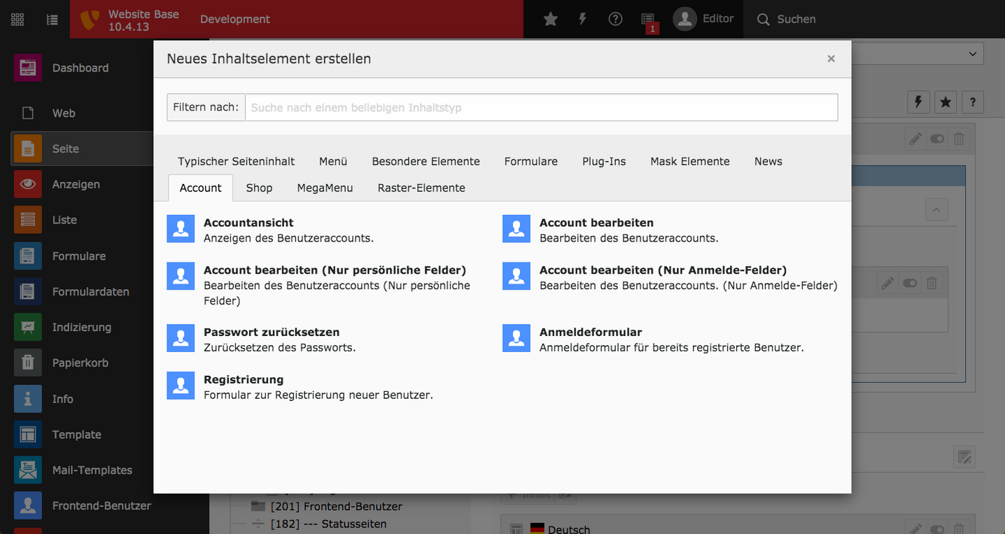TYPO3 Account Inhaltselemente