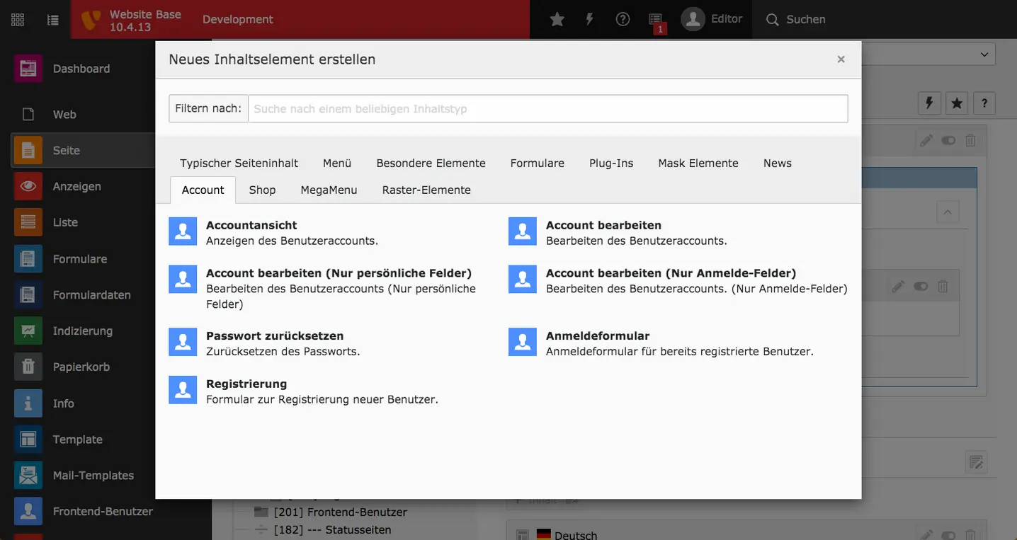 TYPO3 Account Inhaltselemente 