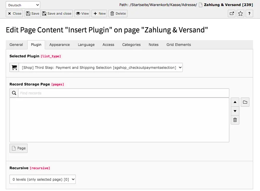 TYPO3 Content Element Shop Third Step: Payment & Shipping selection Backend Tab Plugin