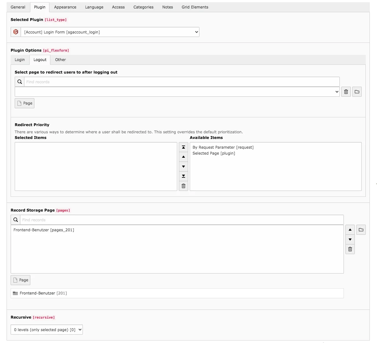 TYPO3 Account Content Element Login Backend Tab Plugin