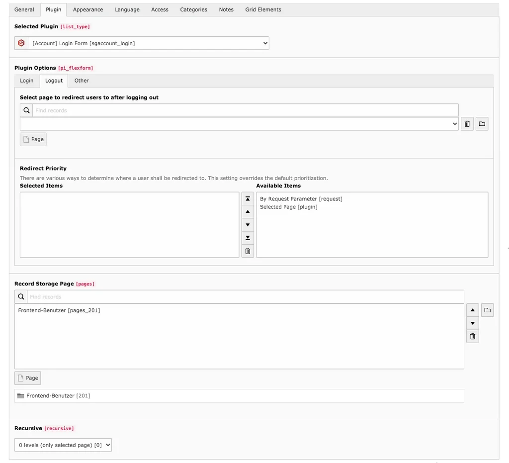 TYPO3 Account Content Element Login Backend Tab Plugin