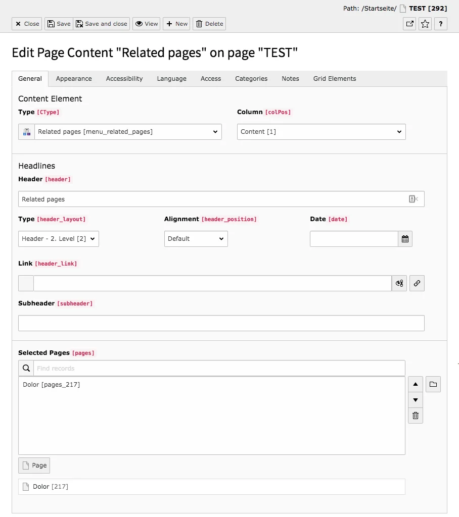 TYPO3 Content Element Menu Related Pages Backend Tab General