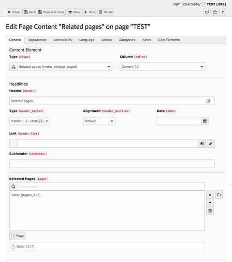 TYPO3 Content Element Menu Related Pages Backend Tab General