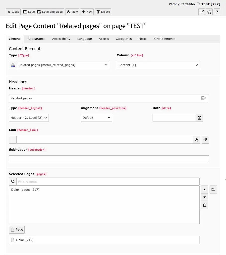 TYPO3 Content Element Menu Related Pages Backend Tab General