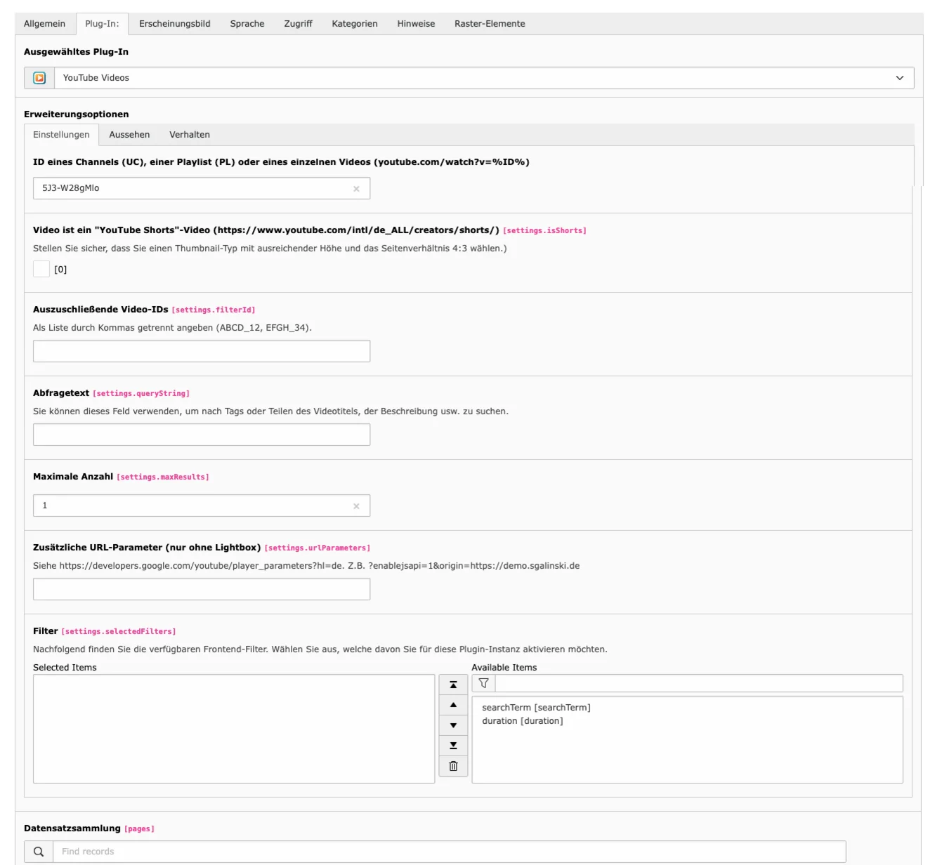 TYPO3 Content element YouTube Tab Plugin: Settings