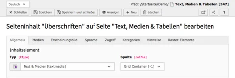TYPO3 Content Element Proporties Tabs & Buttons