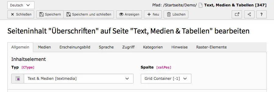 TYPO3 Content Element Proporties Tabs & Buttons