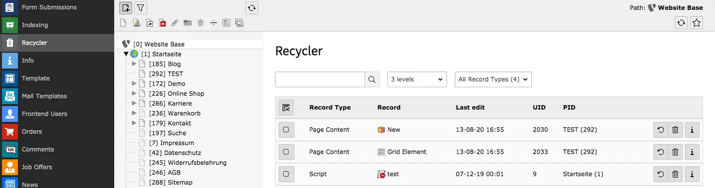 TYPO3 Module Recycler List of deleted Content Elements