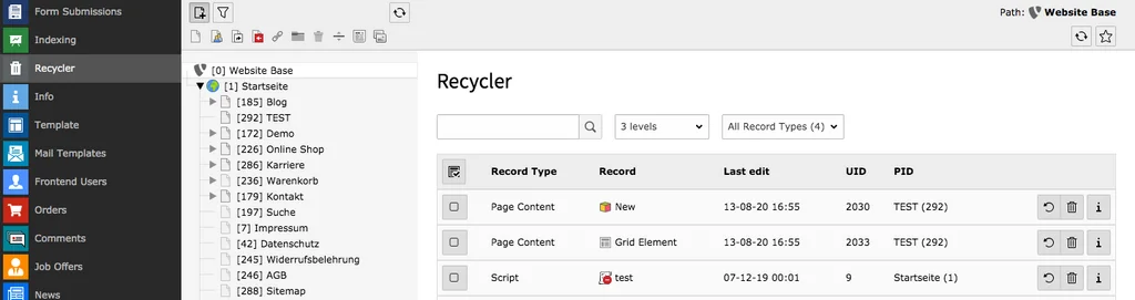 TYPO3 Module Recycler List of deleted Content Elements