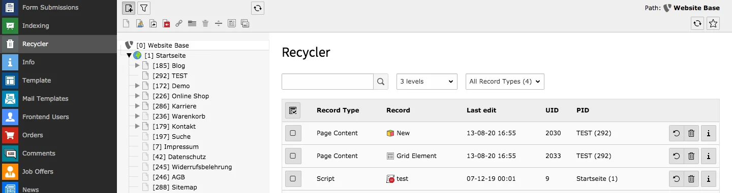 TYPO3 Module Recycler List of deleted Content Elements