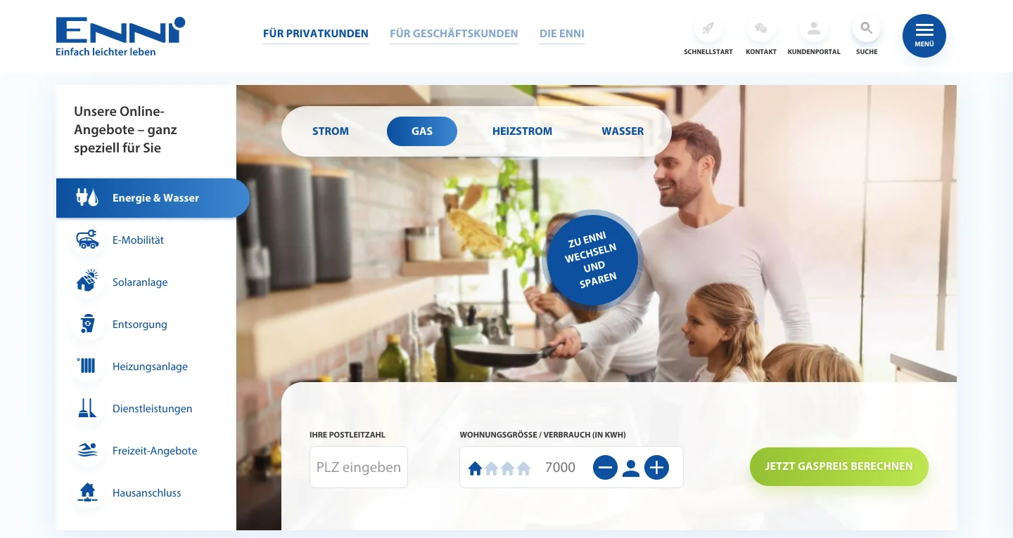 Enni-Website mit Familie in Küche, Gas-Auswahl und Wechsel-Button für Energieangebote