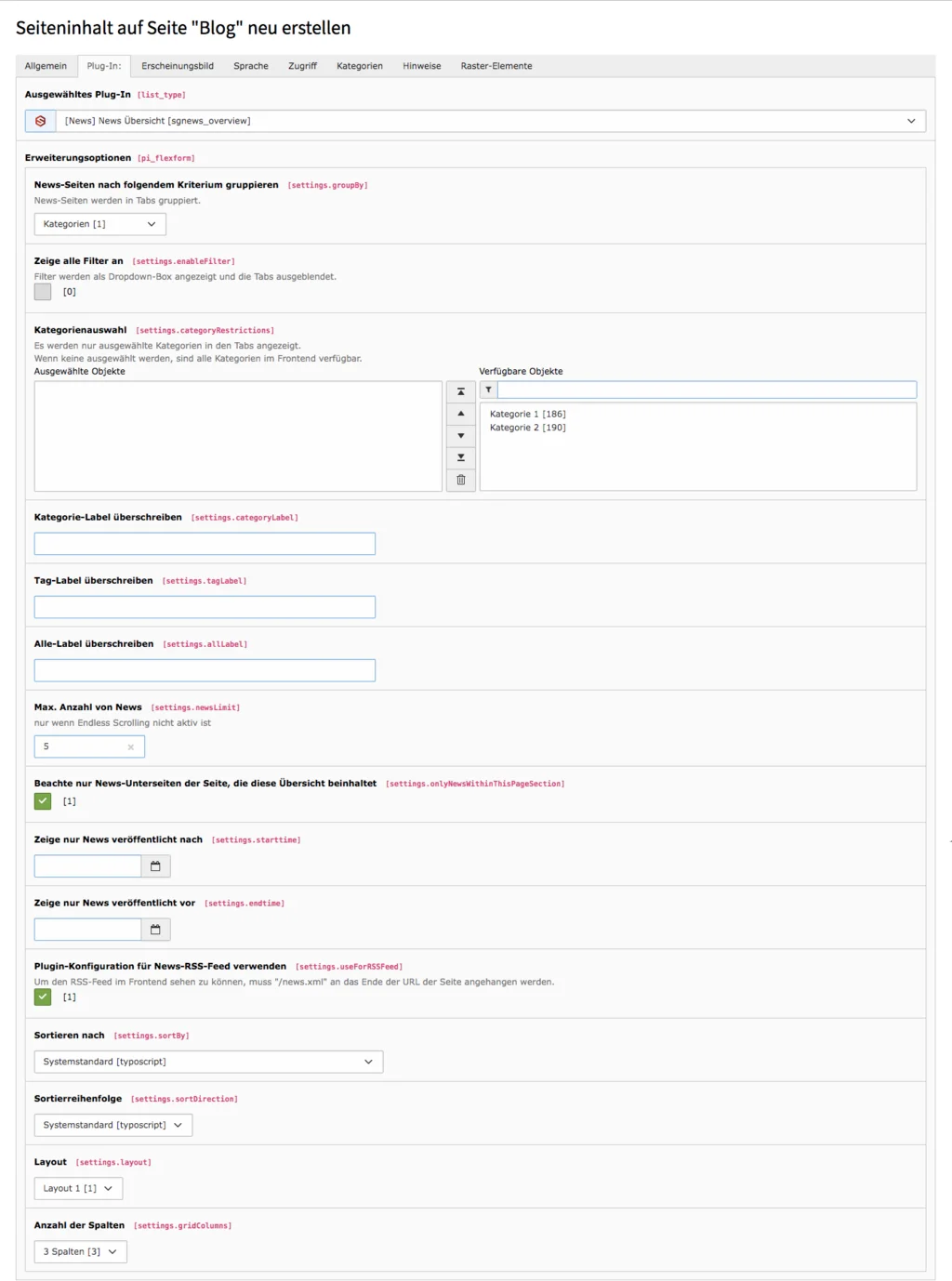 TYPO3 Inhaltselement News Übersicht Backend Reiter Plug-In