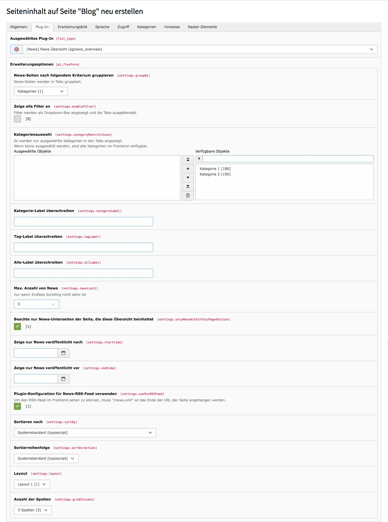 TYPO3 Inhaltselement News Übersicht Backend Reiter Plug-In