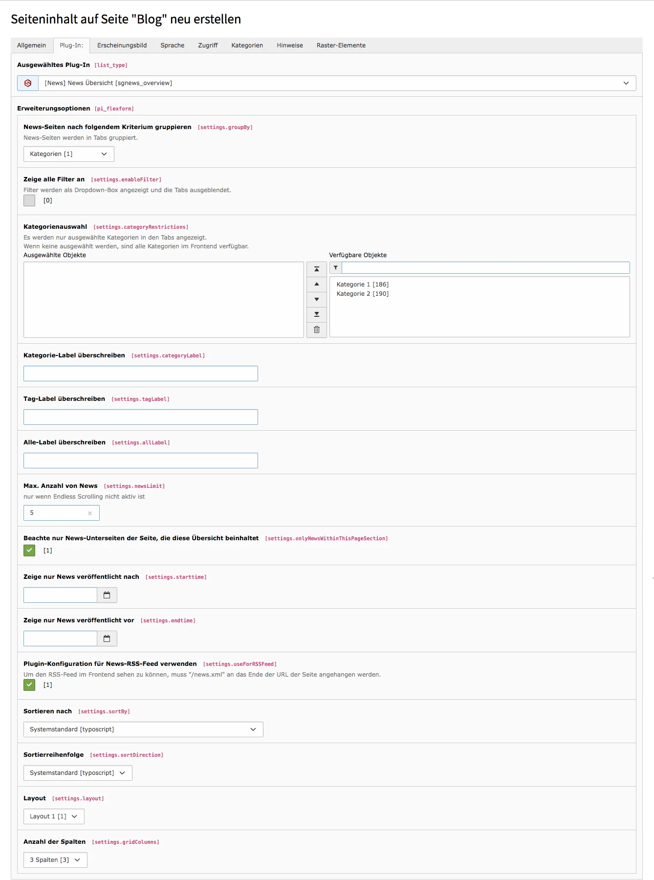 TYPO3 Inhaltselement News Übersicht Backend Reiter Plug-In