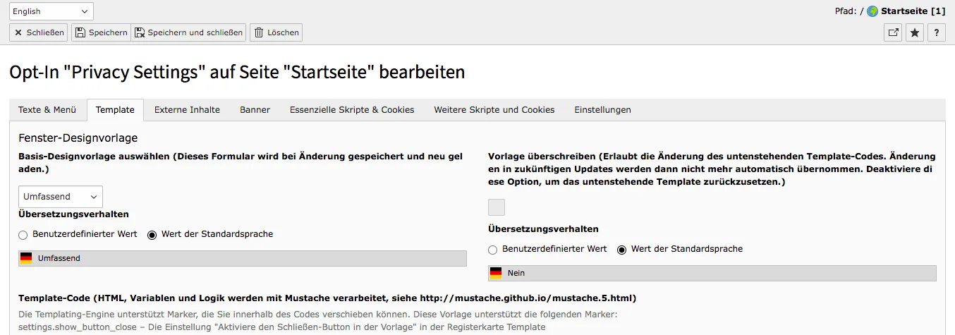TYPO3 Cookie Consent Backend Modul Reiter Template Übersetzung