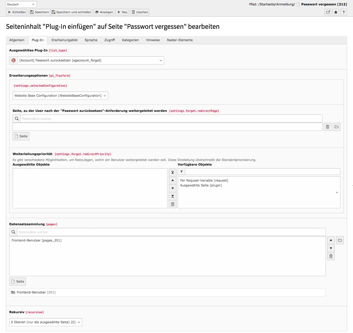 TYPO3 Account Inhaltselement Passwort zurücksetzen Backend Reiter Plug-In