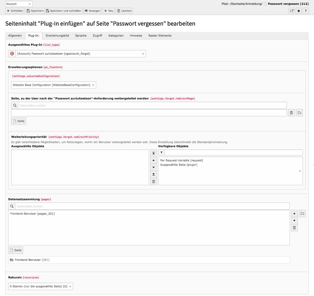 TYPO3 Account Inhaltselement Passwort zurücksetzen Backend Reiter Plug-In