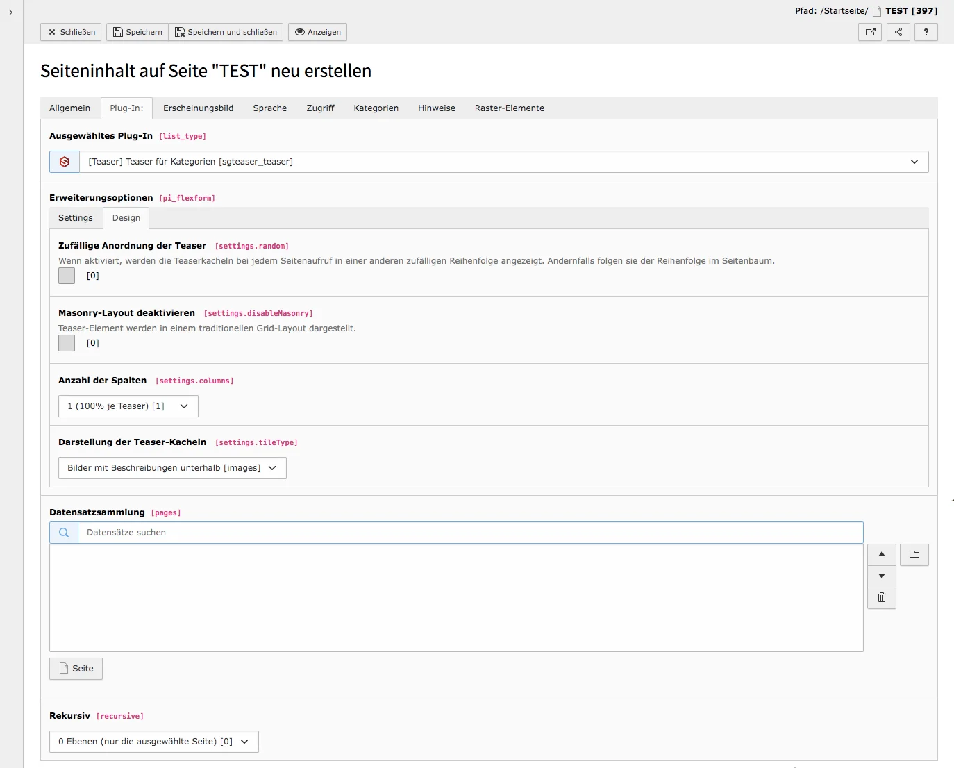 TYPO3 Inhaltselement Teaser für Kategorien Tab Plugin Design