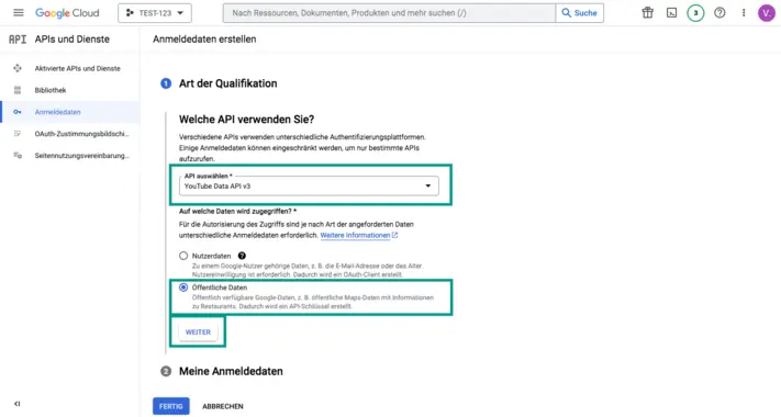 Google Cloud Console – API Anmeldedaten erstellen 