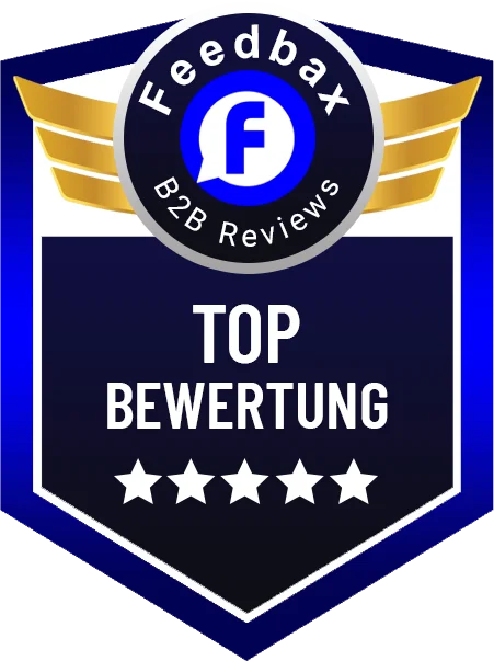 Schild-Badge von Feedbax B2B Reviews mit „Top Bewertung“ und fünf Sternen