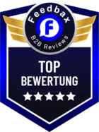 Schild-Badge von Feedbax B2B Reviews mit „Top Bewertung“ und fünf Sternen