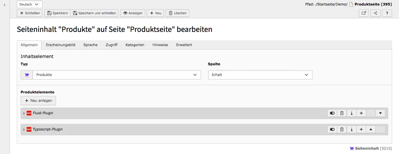 TYPO3 Backend Inhaltselement Mask Element Produkte Reiter Allgemein