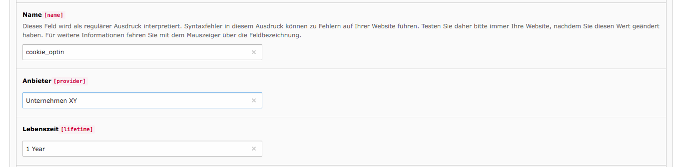 Cookie Consent TYPO3 Tab Gruppe essentieller Skripte & Cookies Anbieter