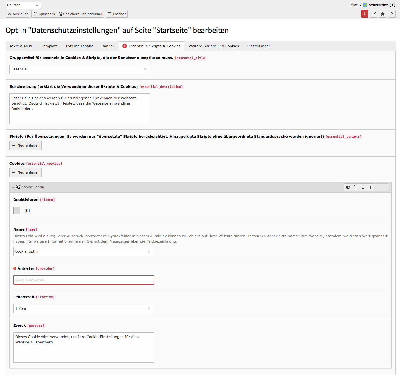 Cookie Consent TYPO3 Tab Gruppe essentieller Skripte & Cookies