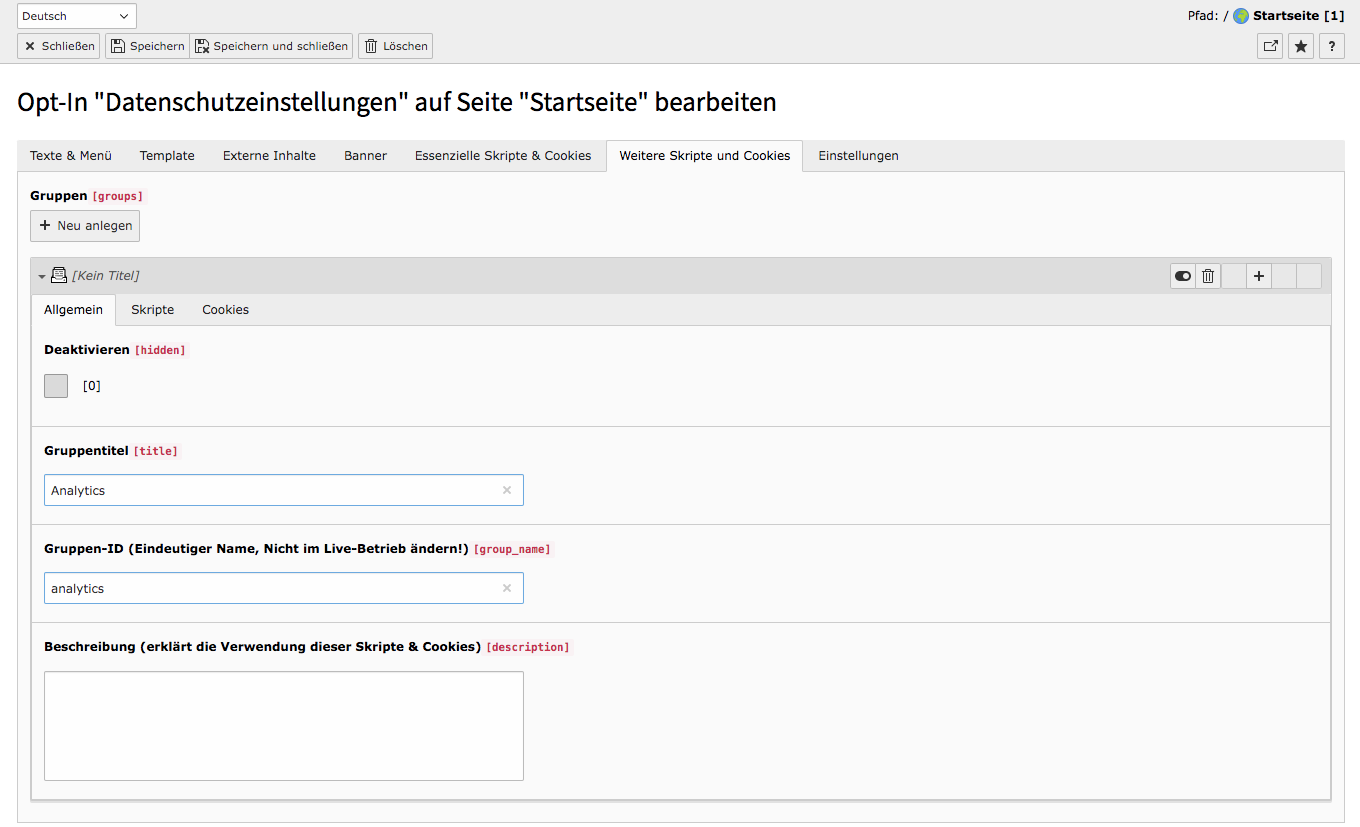 Cookie Consent TYPO3 Reiter Weitere Skript- und Cookie Gruppen Allgemein