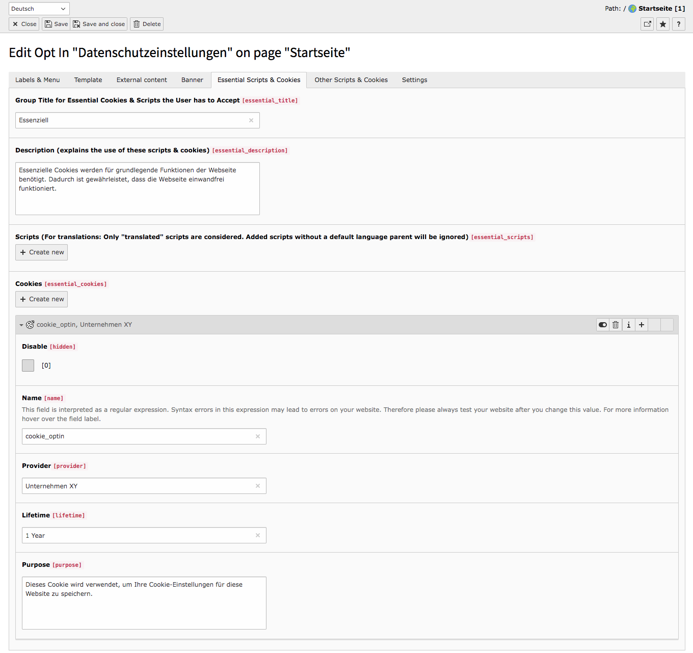 Cookie Consent TYPO3 Tab Group essential Scripts & Cookies