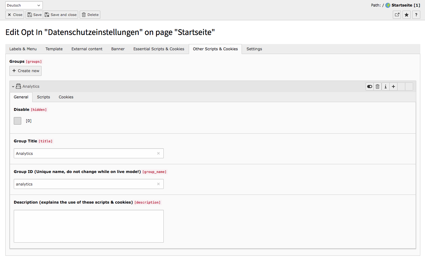 Cookie Consent TYPO3 Tab Other Script and Cookie Groups General