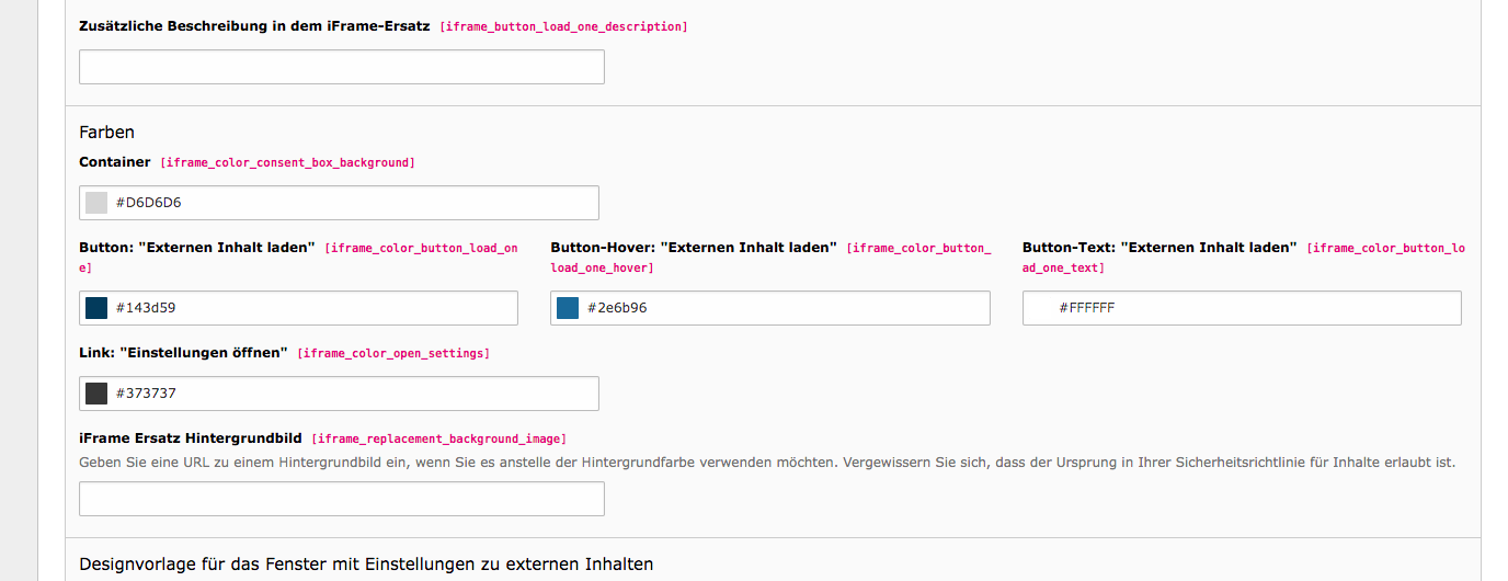 Cookie Consent TYPO3 Externer Inhalt Farben & Hintergrundbild