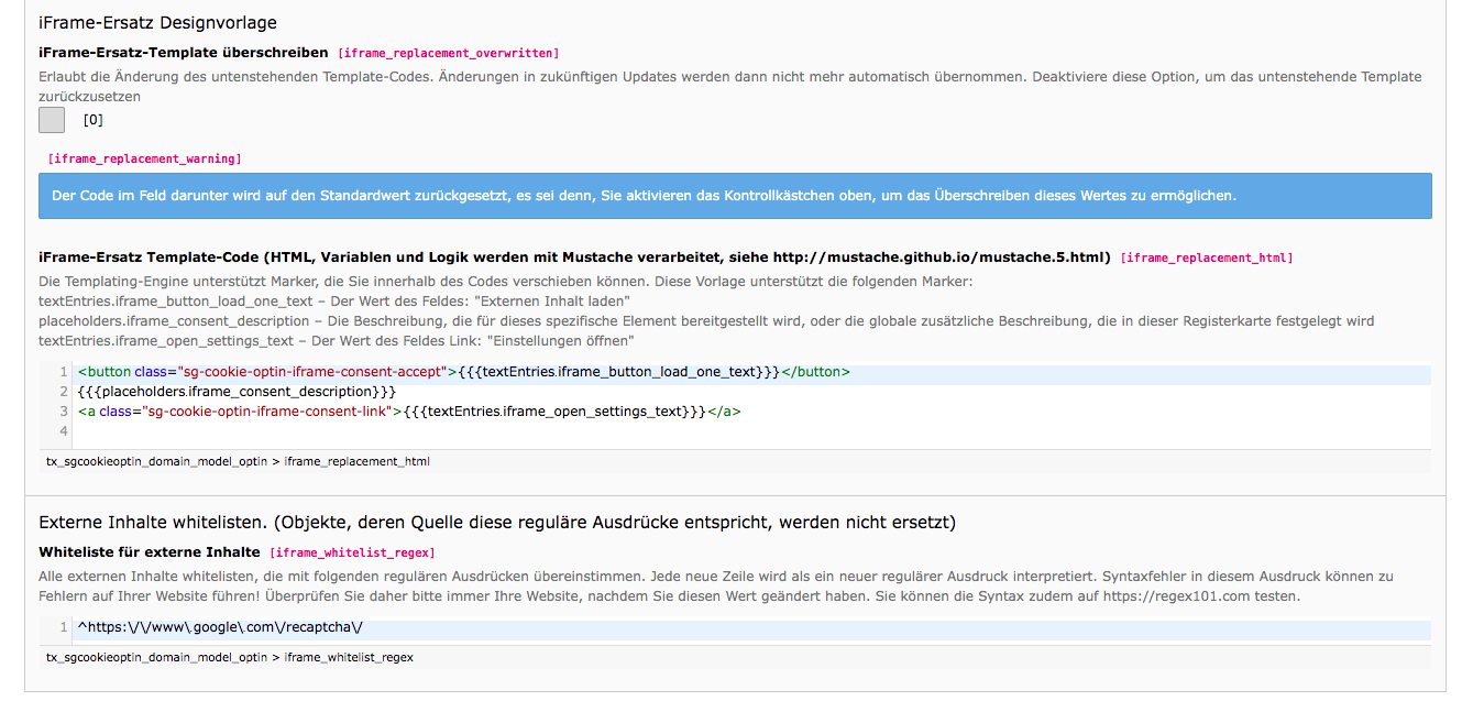 Cookie Consent TYPO3 Backend Reiter Externe Inhalte Whitelist