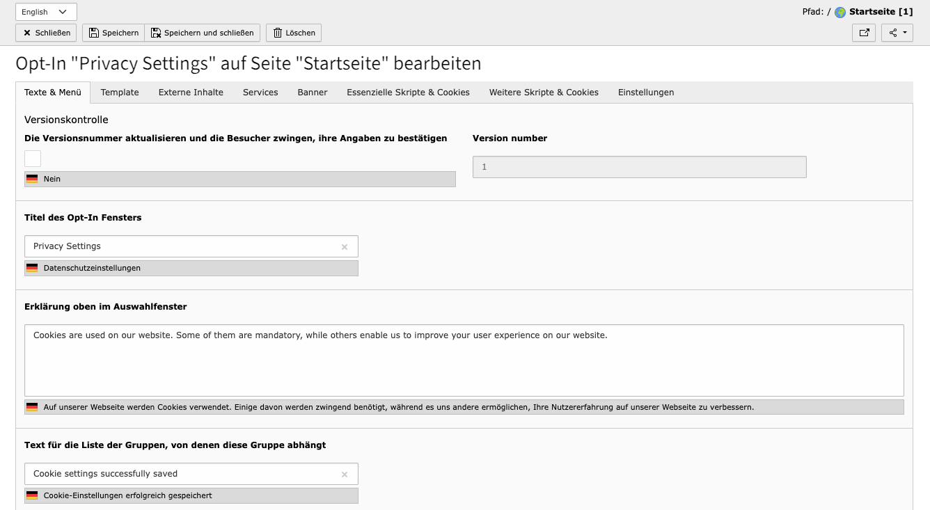 TYPO3 Cookie OptIn Beispiel Einstellungen für Englische Seite