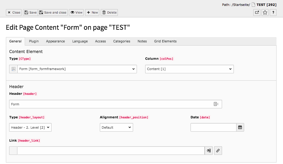 TYPO3 Content Element Form Elements Form Backend Tab General