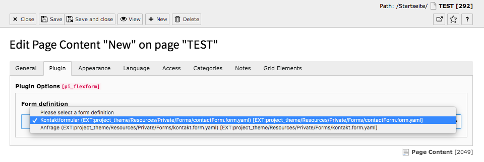 TYPO3 Content Element Form elements Form Backend Tab Plugin