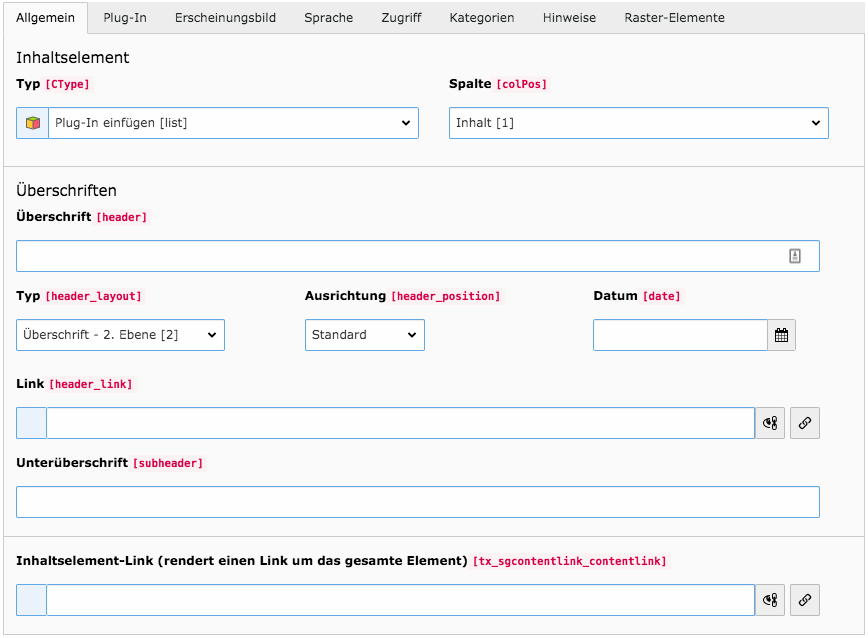 TYPO3 Inhaltselement Indexsuche Plugin Tab Allgemein