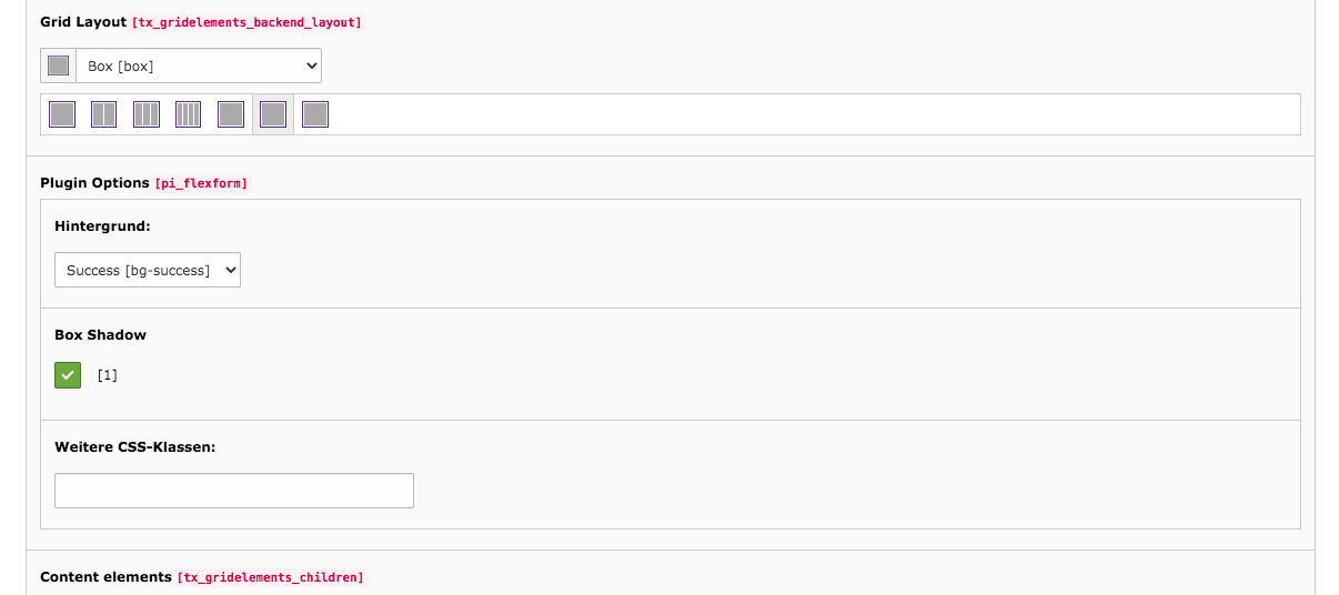 TYPO3 Content Element Grid Elements Box Backend Tab General Plugin Options Grid Layout