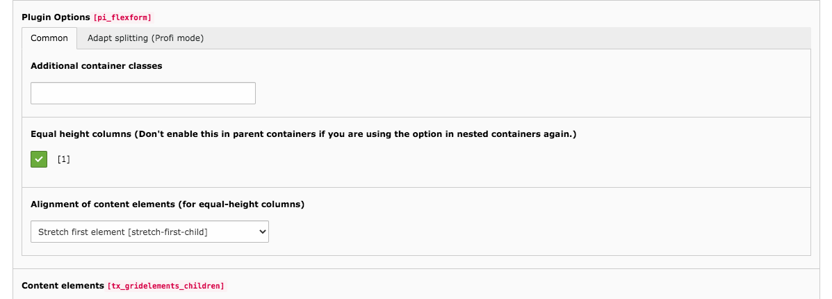TYPO3 Content Element Grid Elements Four Columns Backend Tab General Distribution of Columns