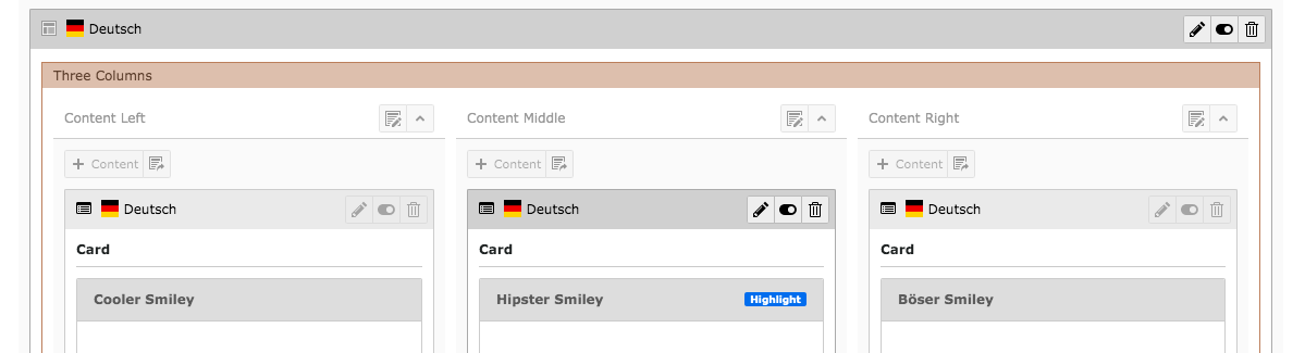 TYPO3 Backend Content Area Grid Element Three Columns with Content Elements