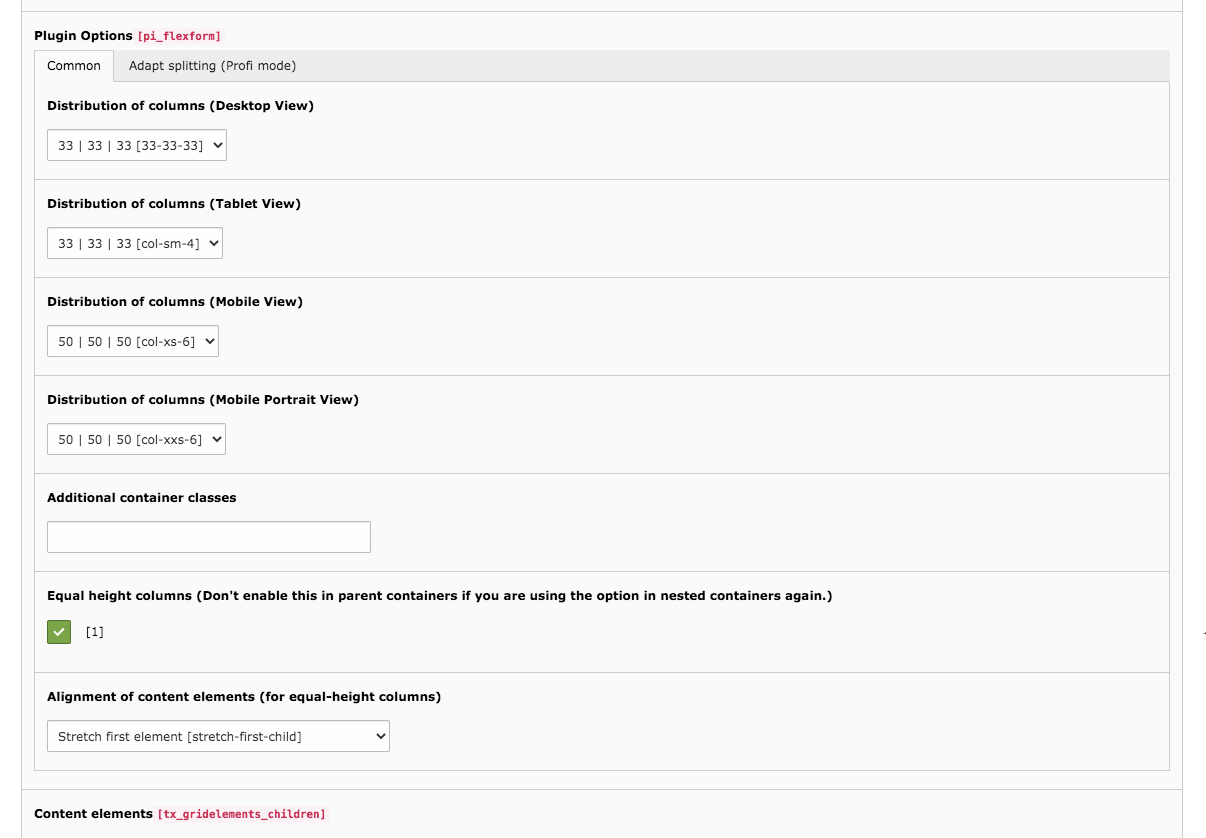 TYPO3 Content Element Grid Elements Three Columns Backend Tab General Distribution of Columns