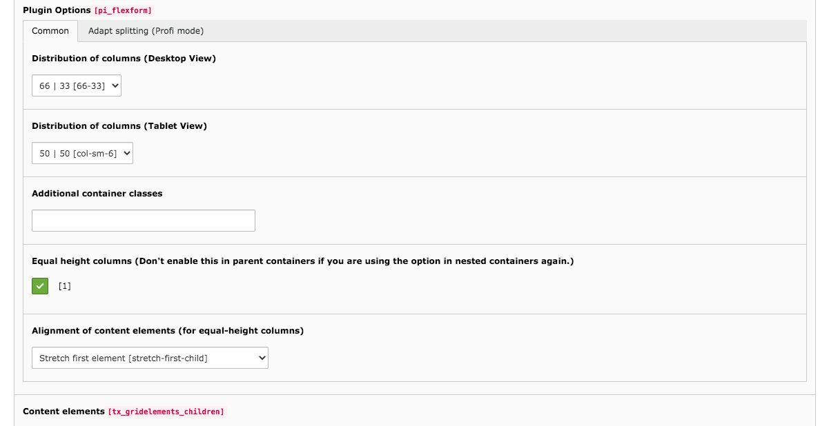 TYPO3 Content Element Grid Elements Two Columns Backend Tab General Distribution of Columns