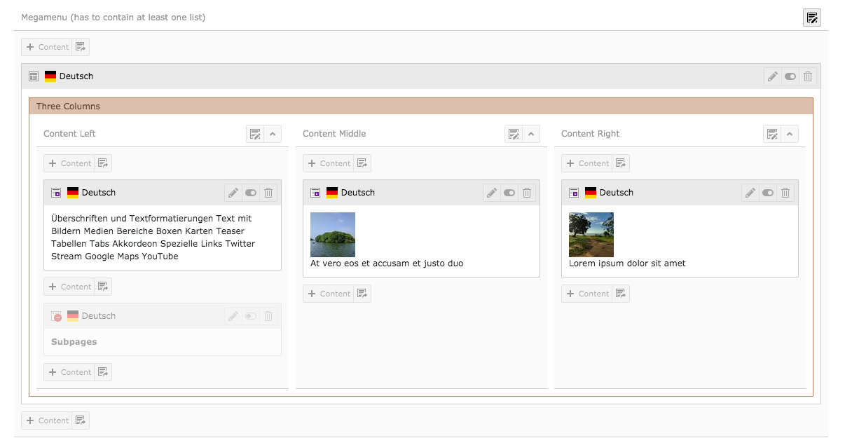 TYPO3 Backend Content Area Column MegaMenu